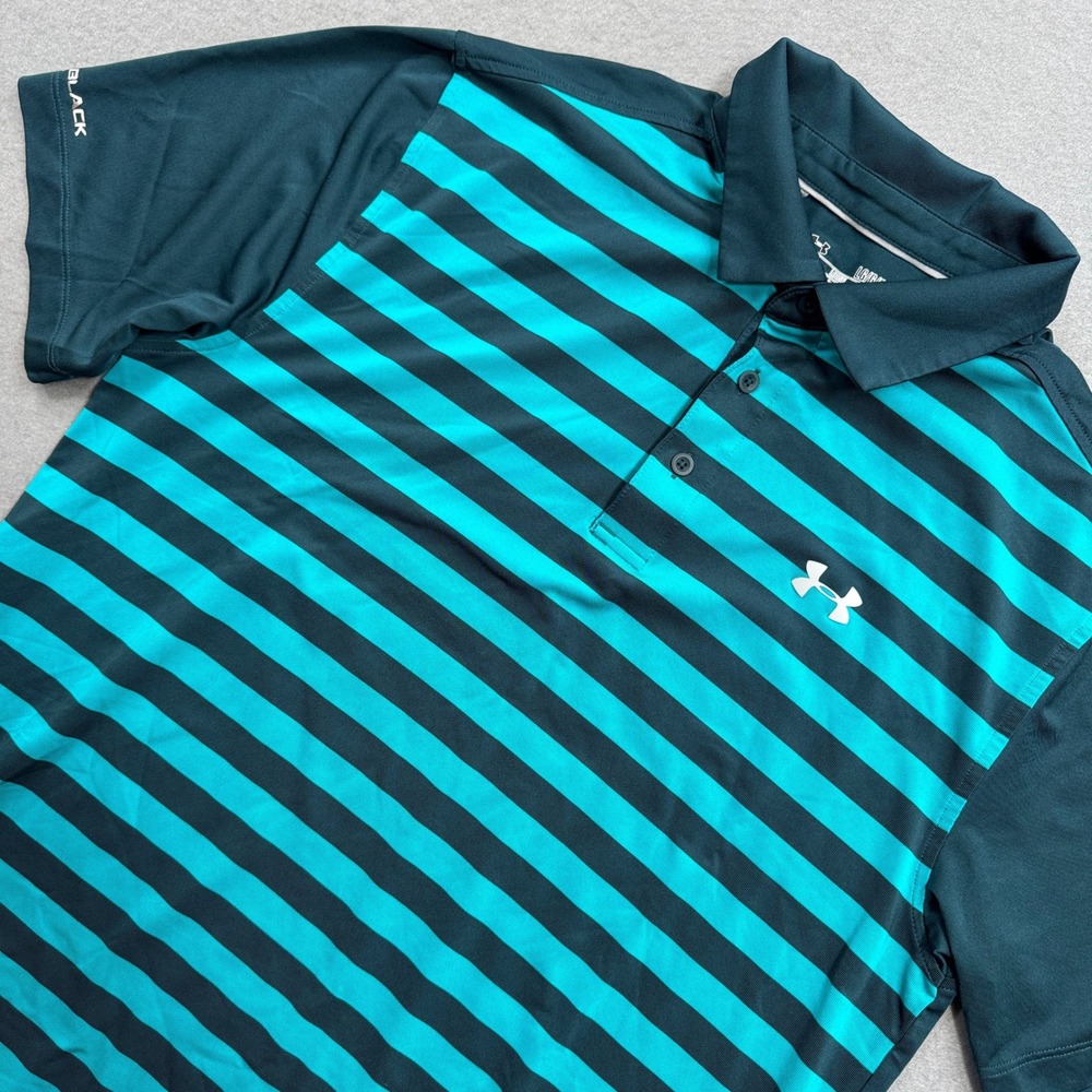 Under Armour Polo Shirt Men's Large Teal Striped HeatGear Loose Fit Activewear